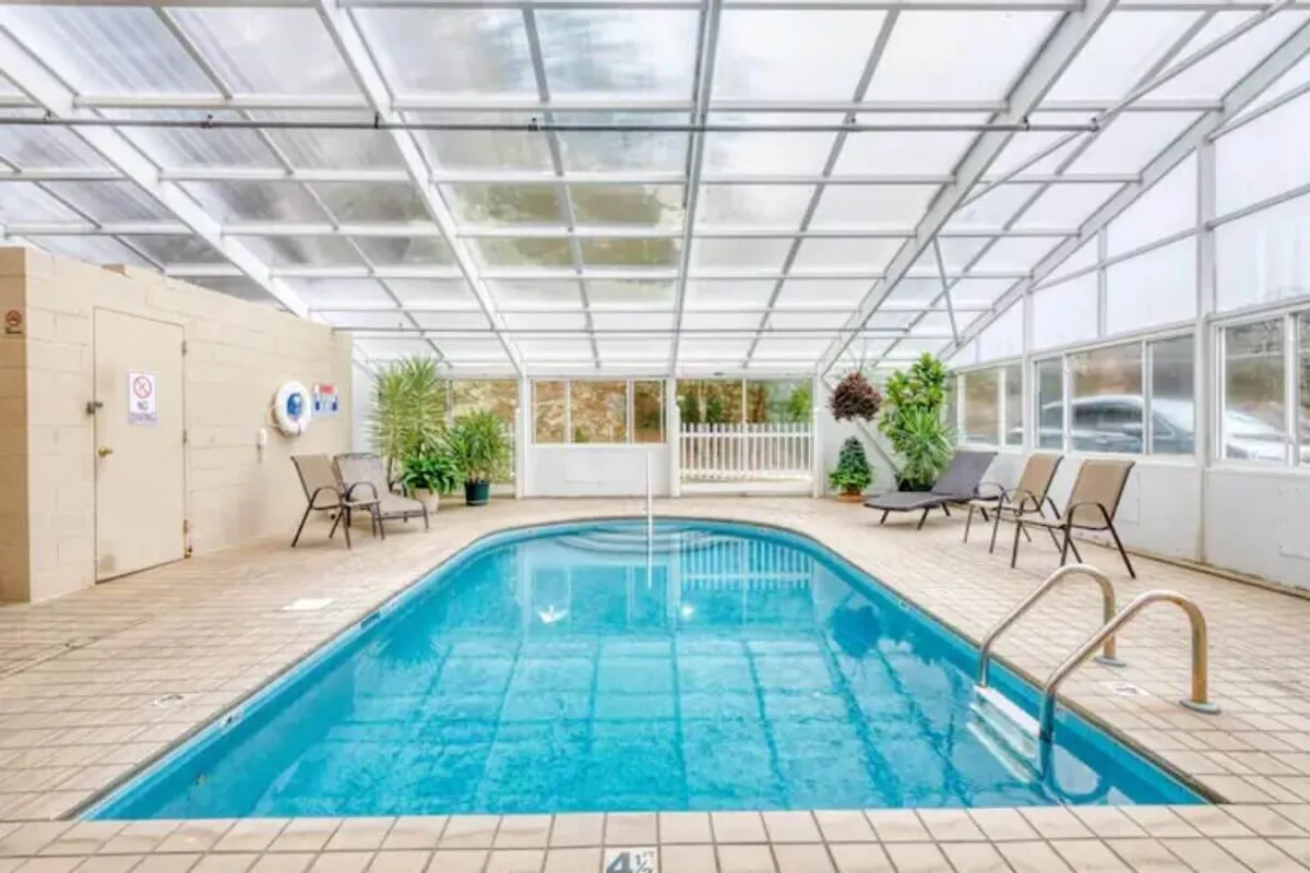 This image showcases an inviting indoor swimming pool with sunlight streaming through the roof, surrounded by potted plants and lounge chairs. People are seen relaxing by the pool, swimming, and reading, all in a tranquil and serene atmosphere.